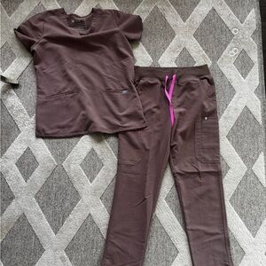 figs brown taupe with pink tie scrub top and bottom set